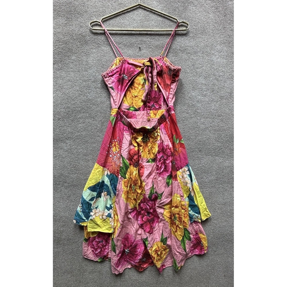 Farm Rio Maxi Dress Women Large Pink Floral Linen Blend Open Back Lined Tie Back - Picture 2 of 5